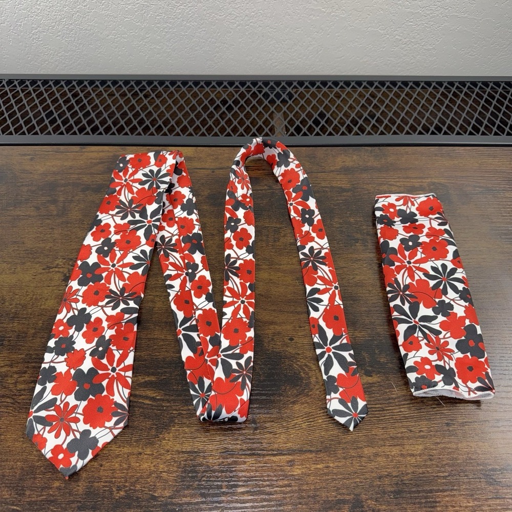 Hi-Tie Red Black White Floral Tie &‎ Pocket Square Set Mens Necktie Slim Skinny